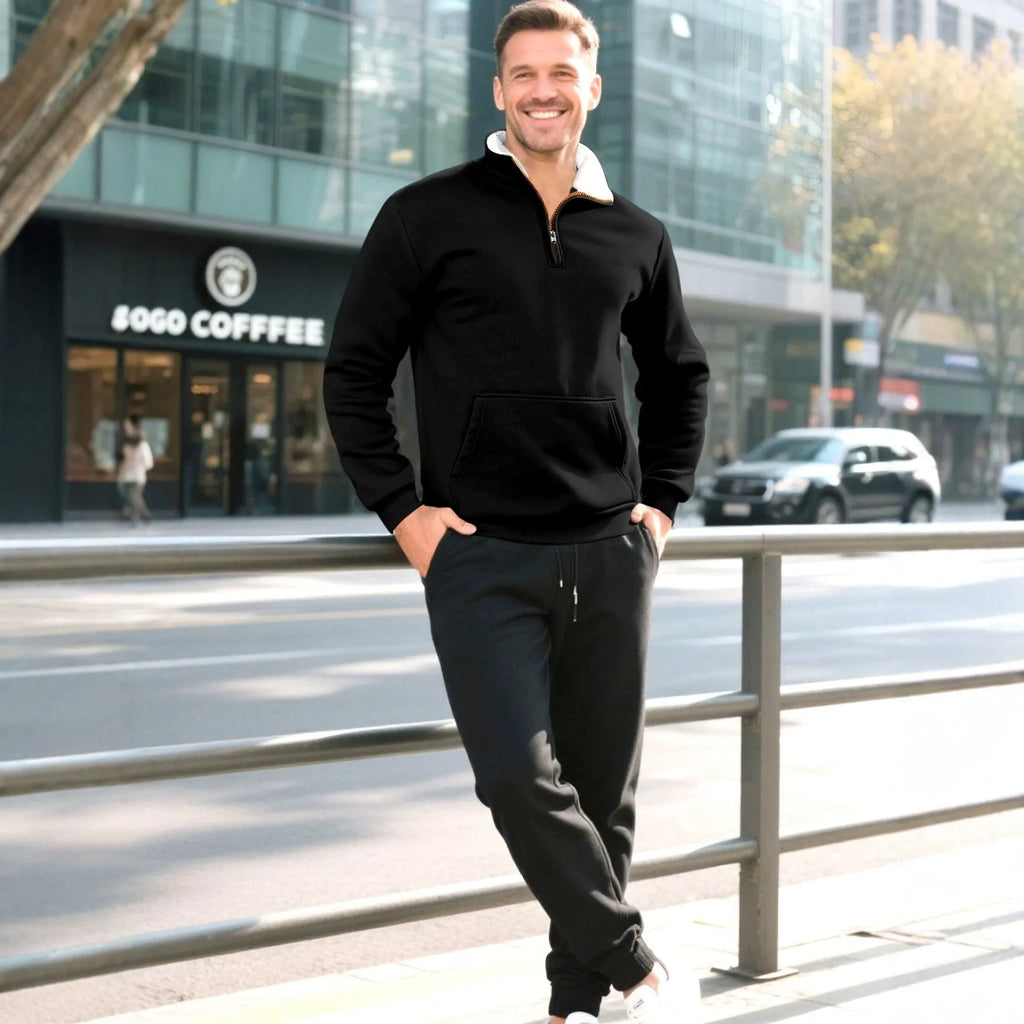 Men's colour-block zip knit sweater, short sleeve polyester fleece pullover, five colours, sizes S-XXXL