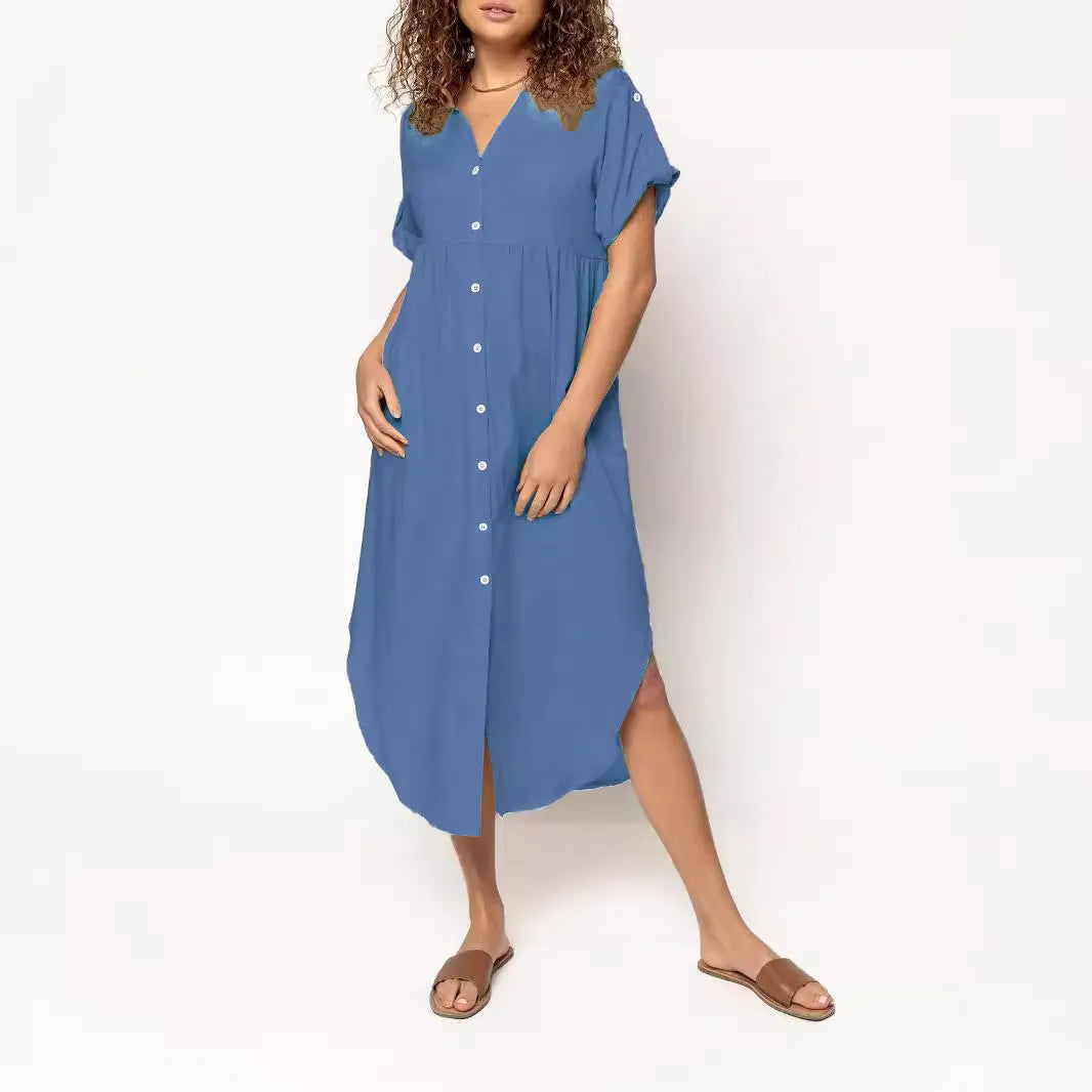 Casual mid-length button-front dress in solid colour with regular sleeves and mid-waist cut
