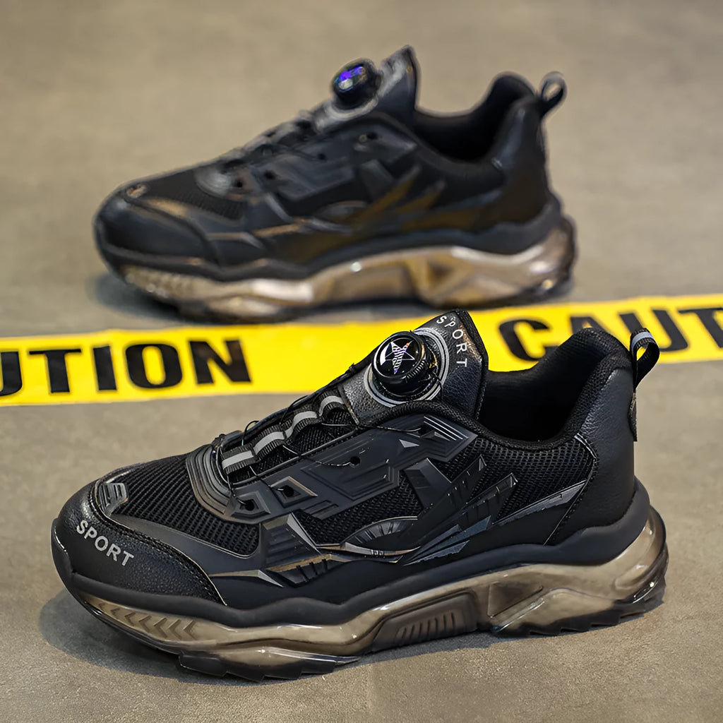 Men's black casual rotating button dad shoes with a low-top platform sole.