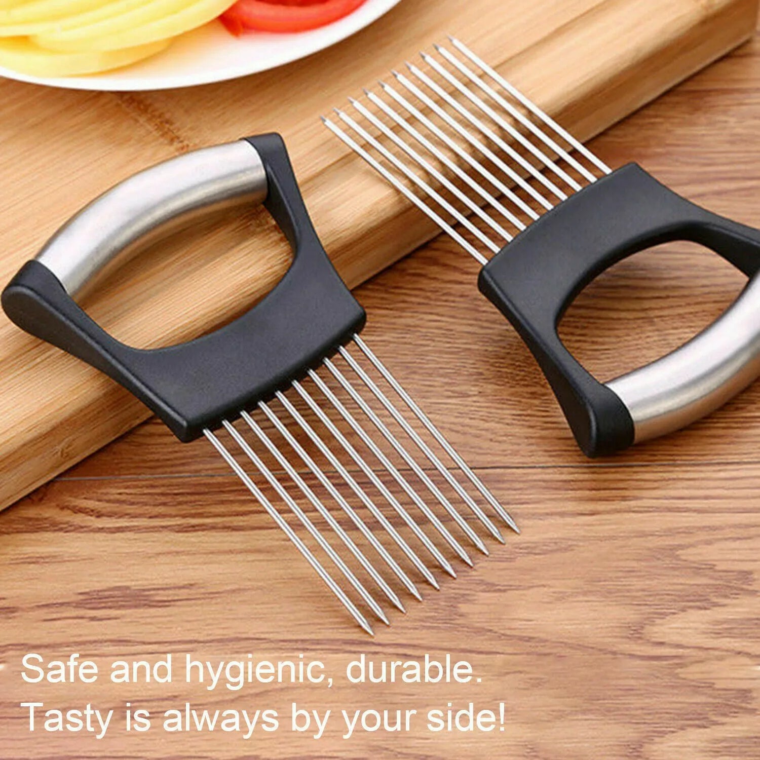 Stainless steel onion slicer tool with needles on a white ABS base.