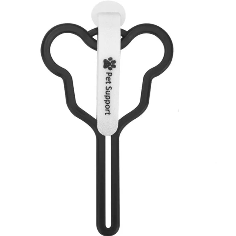 A dog poop bag holder with a Velcro strap, shown attached to a pet leash.
