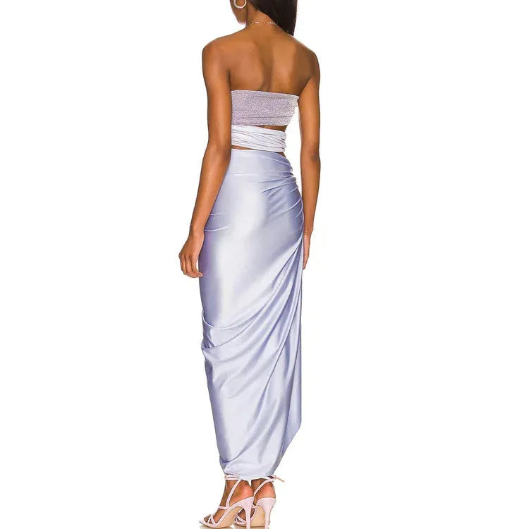 Purple one-piece swimsuit with matching wrap skirt made from quick-drying polyester fabric