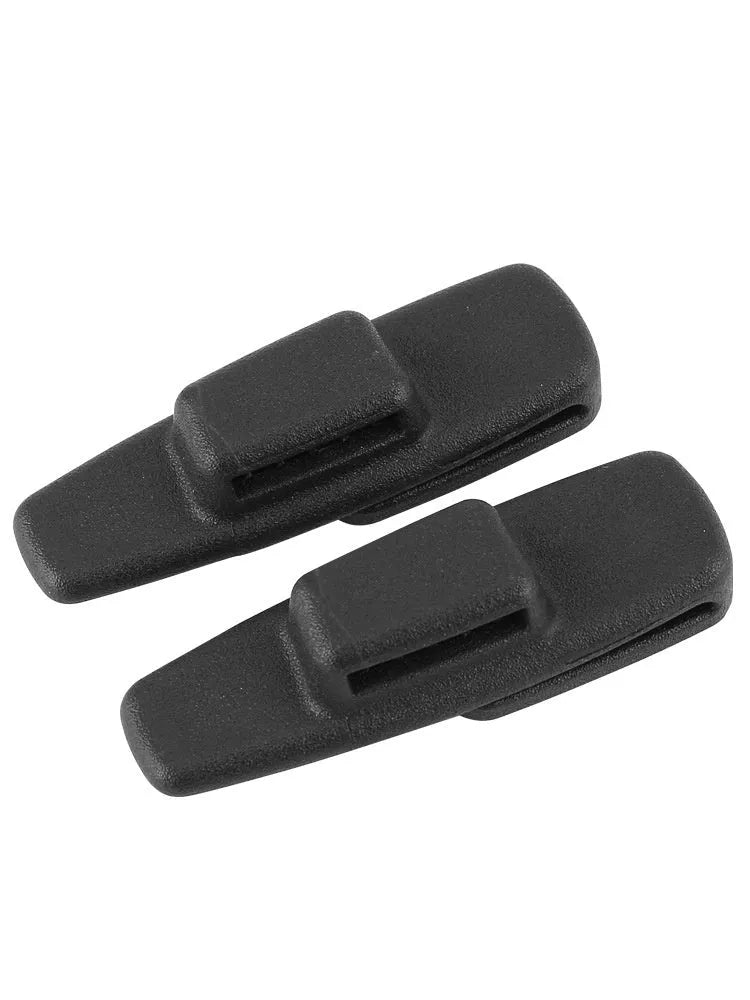 Black ABS plastic car safety belt stopper clip pack containing two universal seat belt fasteners