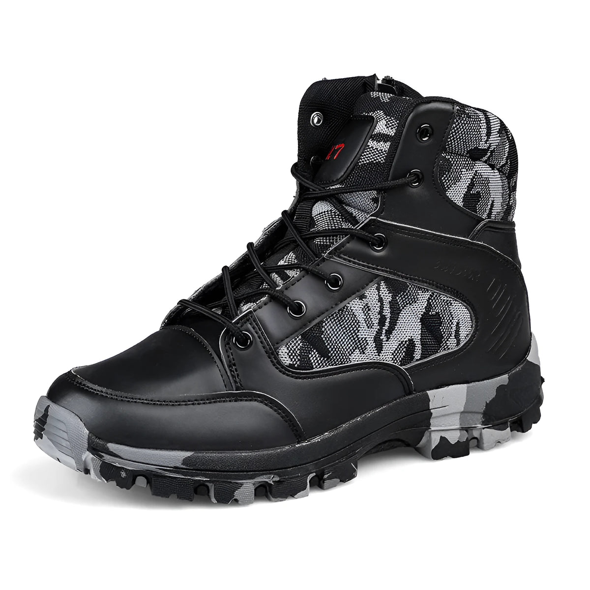 Men's high-top hiking shoes in black camouflage with metal accents on artificial PU upper.