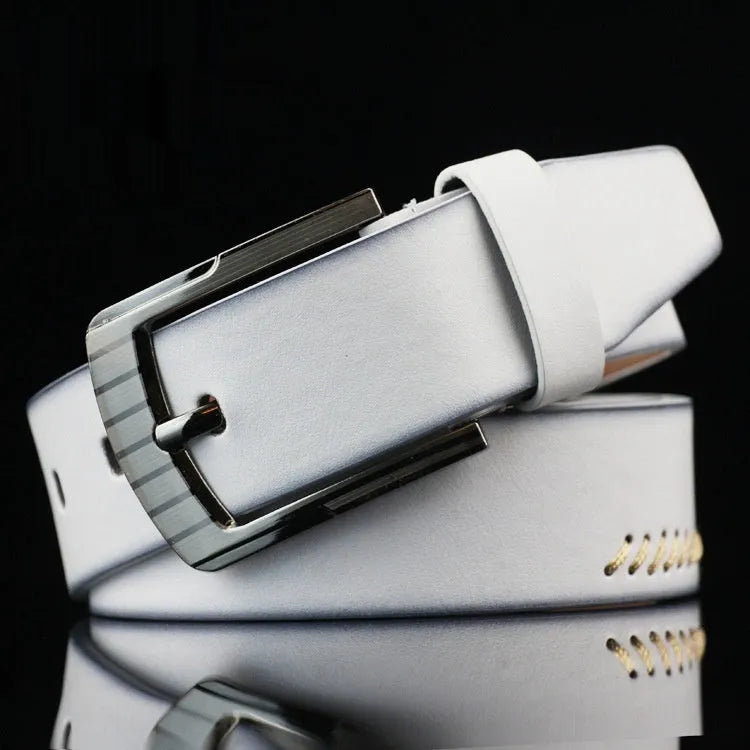Men's threading pattern pin buckle belt in black colour with alloy hardware