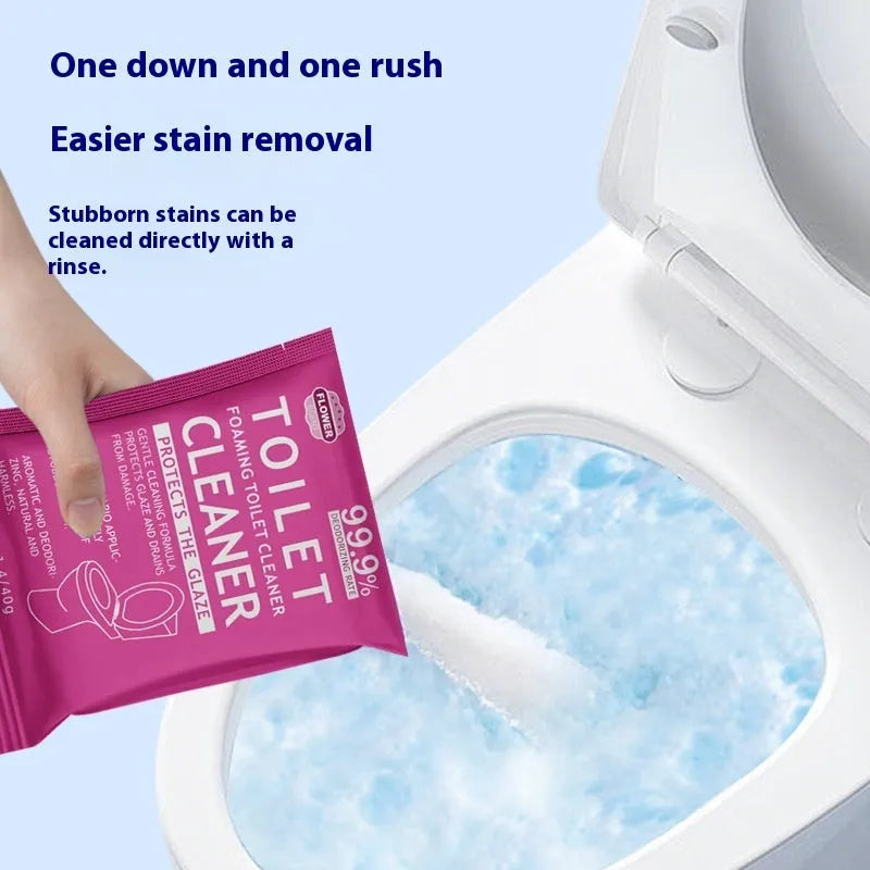 Toilet bubble powder descaling cleaner in blue ocean and pink floral fragrance packages