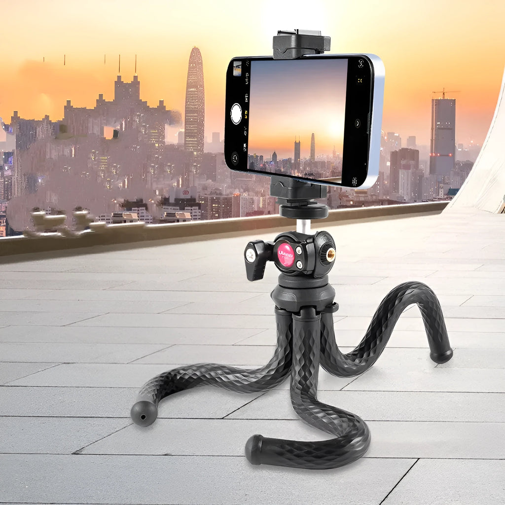 Black octopus mobile phone tripod set with flexible legs and clip extended to 360mm