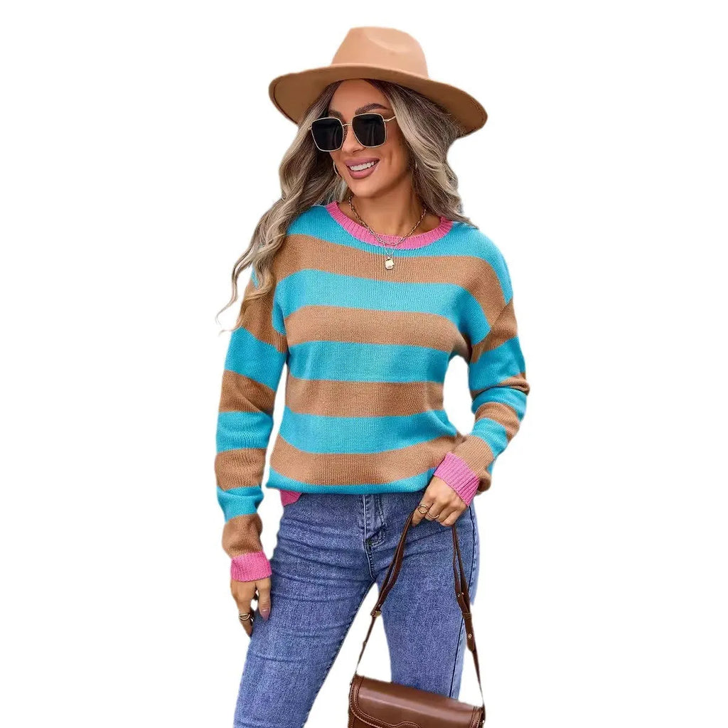 Women's loose fit acrylic sweater in blue colour with round neck and long sleeves