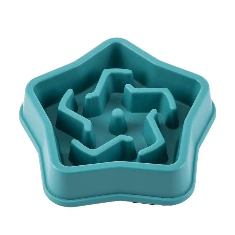 Yellow plastic slow feed dog bowl with raised internal ridges measuring 20.1 cm across