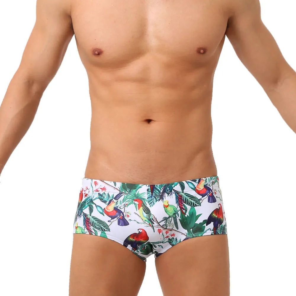 Men's flower and bird print swimming trunks in small boxer brief style with nylon fabric