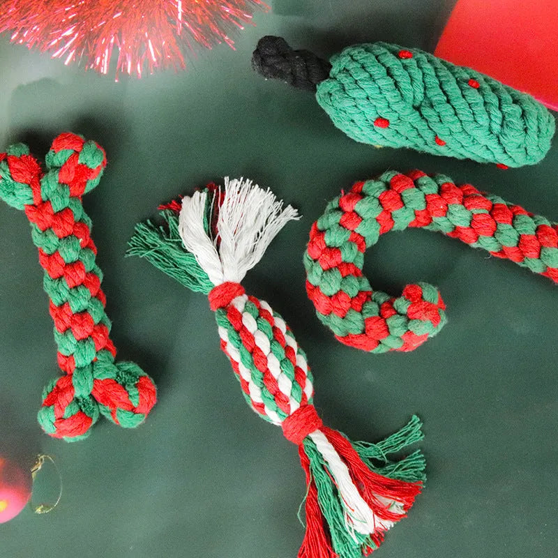 Christmas cotton rope dog toy set with red and green candy cane, bone and Christmas tree shapes for small and medium dogs.