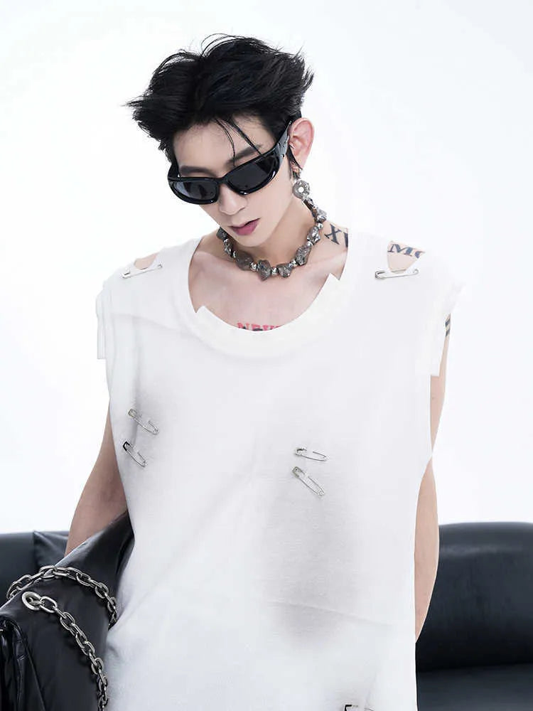 Men's black sleeveless vest waistcoat with ripped irregular cutting design on mannequin