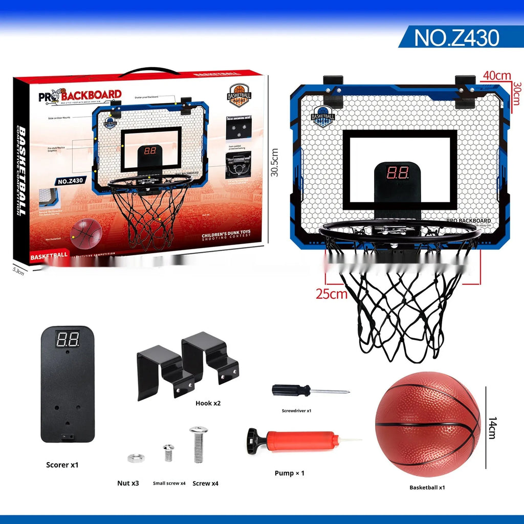 Folding basketball frame with red or blue 400x300mm panel, suction cup and iron hook mount with 16cm ball