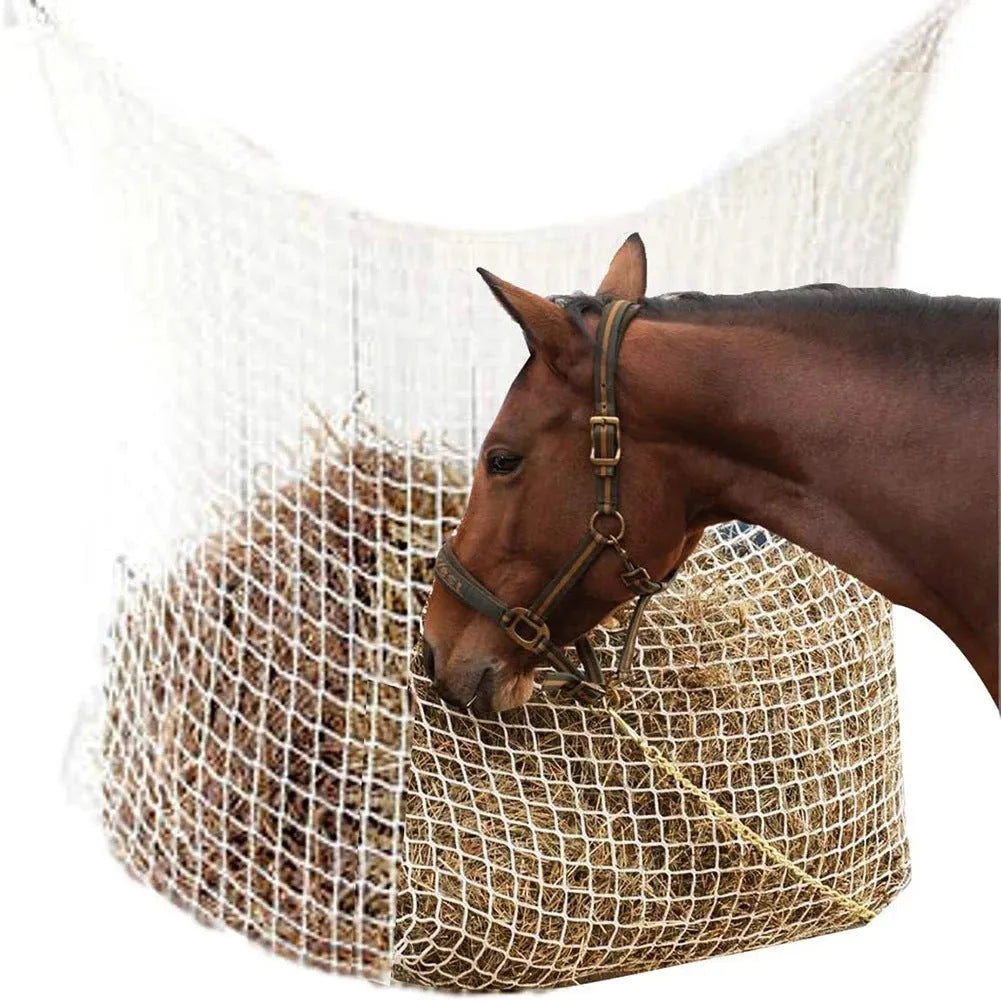 Woven grid hanging feeding bag for horses and livestock in black or white PE rope construction
