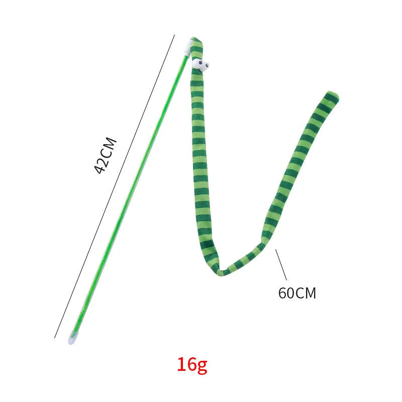 Green cat wand toy with long plush strip on a polycarbonate pole, shown mid-swing.