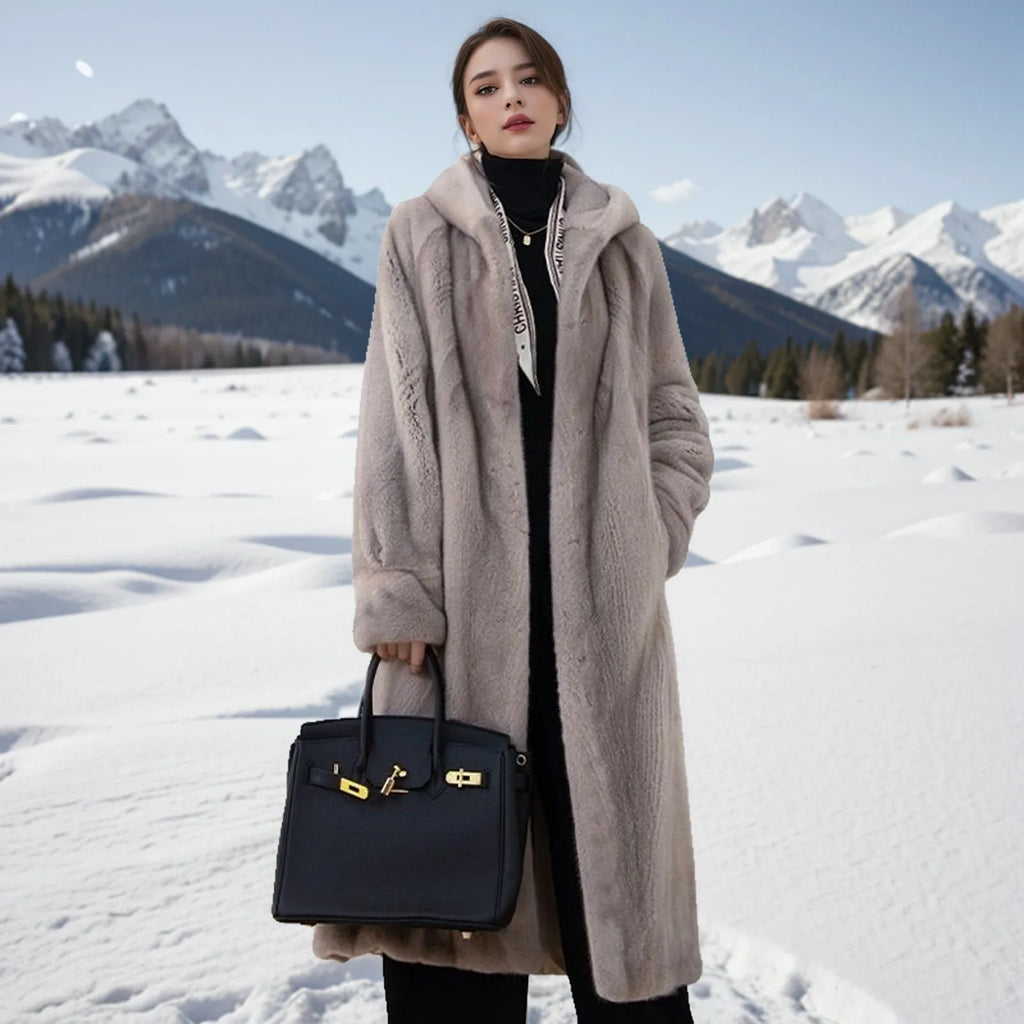 Long brown leopard print plus size faux fur coat on a hanger