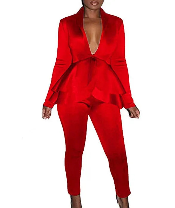 Women's ruffled business uniform set with pencil pants in multiple colour options