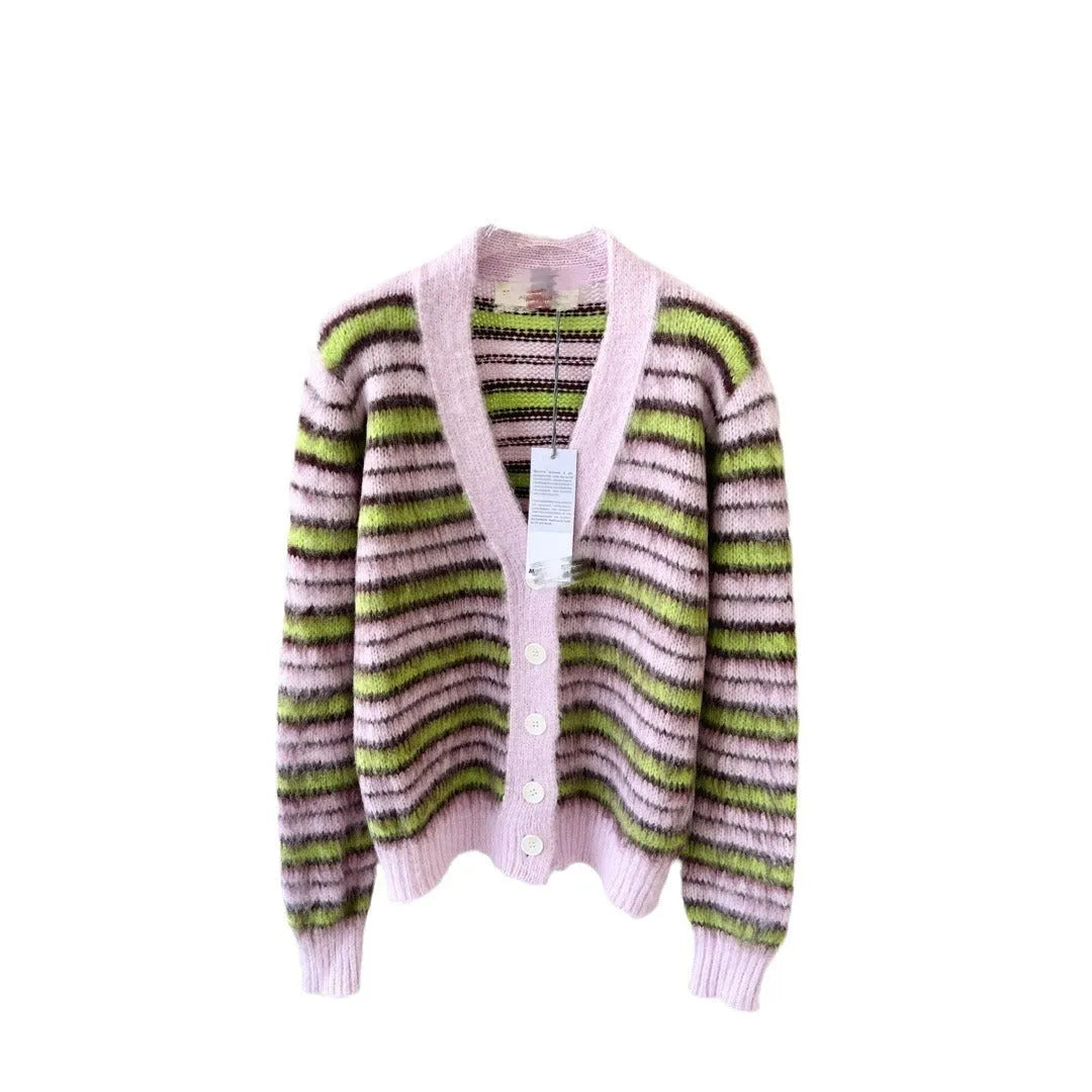 Pink women's wool cardigan sweater in Haima lazy coat style, shown as both a round neck pullover and an open cardigan.