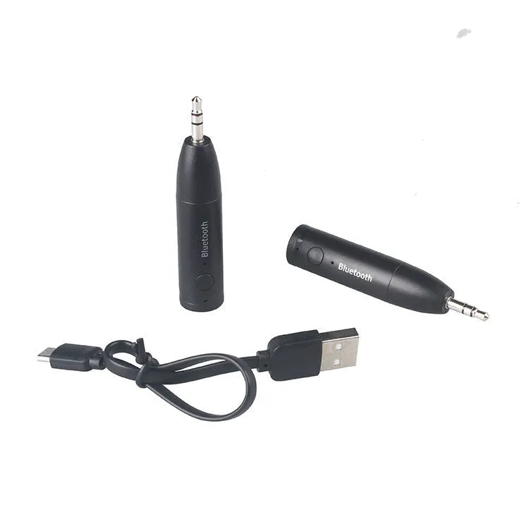 Black Bluetooth audio receiver with 3.5mm aux plug for car and home stereo wireless music streaming