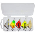Rotating composite sequin copper bell metal fishing lure in seven colour variations on tackle background