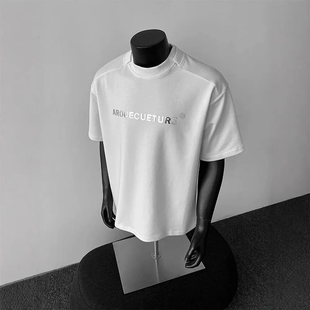 Men's white cotton t-shirt with black printed letters design, loose fit short sleeve pullover style