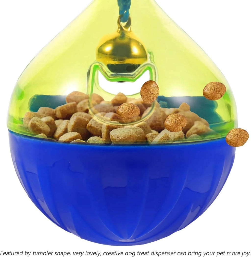 Blue tumbler-shaped pet treat dispenser toy for interactive feeding