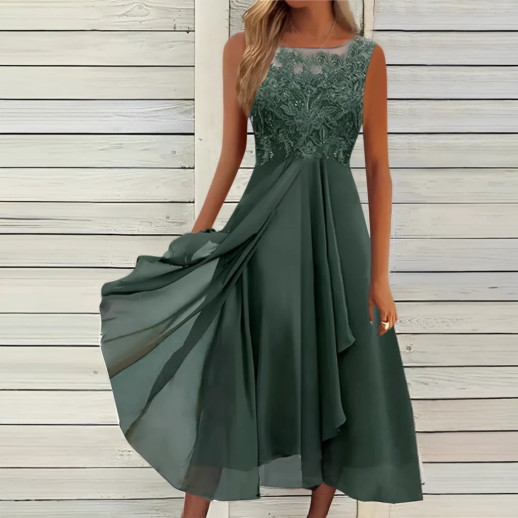 Women's sleeveless chiffon dress with stitching lace hollow-out design in green colour