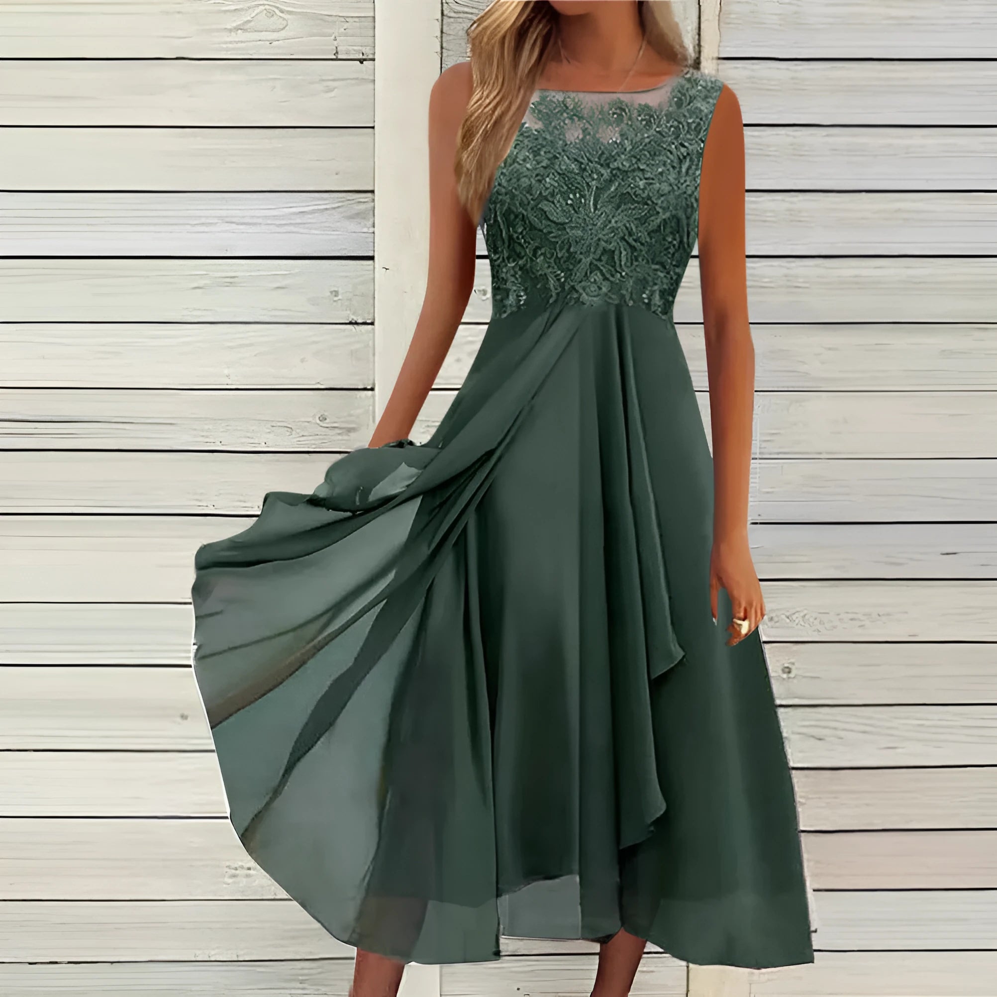 Women's sleeveless chiffon dress with stitching lace hollow-out design in green colour