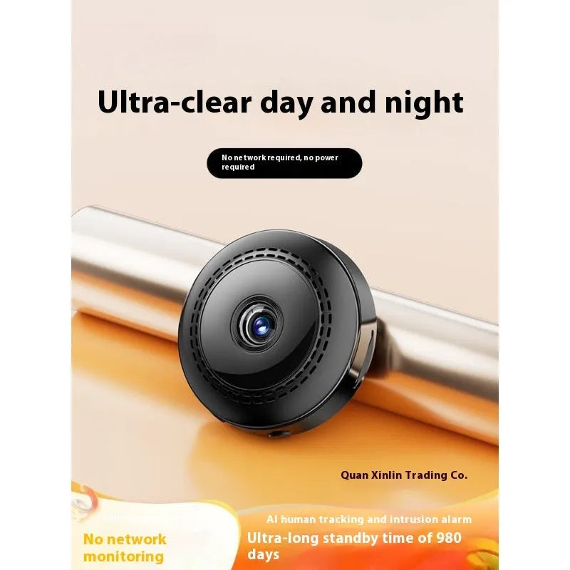 Black wireless security camera with 360-degree rotation on battery power