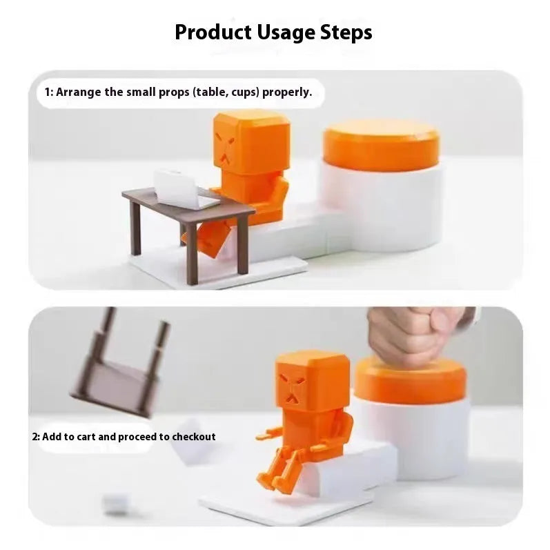 Orange plastic table-turning decompression toy on a desk.