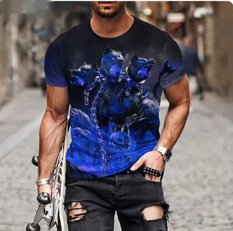 Men's grey t-shirt featuring a fierce 3D lion face print on the chest.