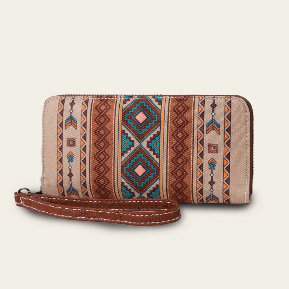 Bohemian striped canvas RFID wallet showing anti-theft function and multiple colour options