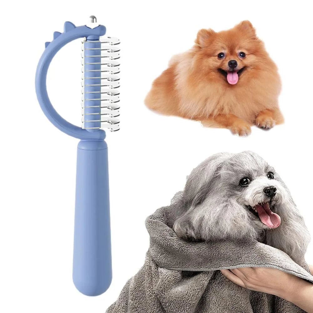 Blue dinosaur-shaped cat brush with self-cleaning button and stainless steel pins