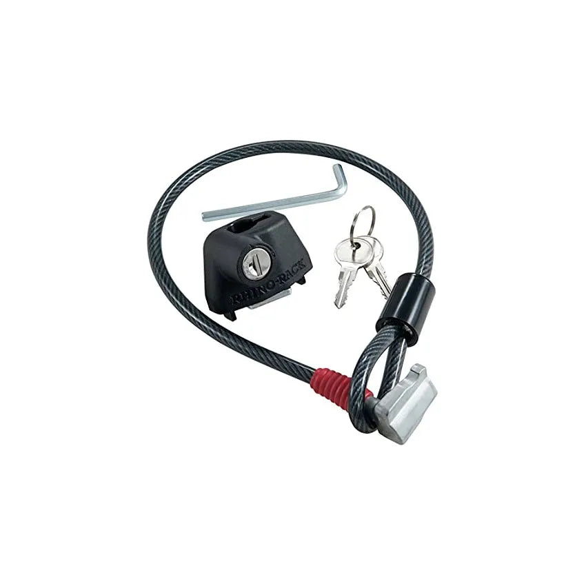 Plastic-sheathed steel cable lock for roof platform securing kayak and ladder