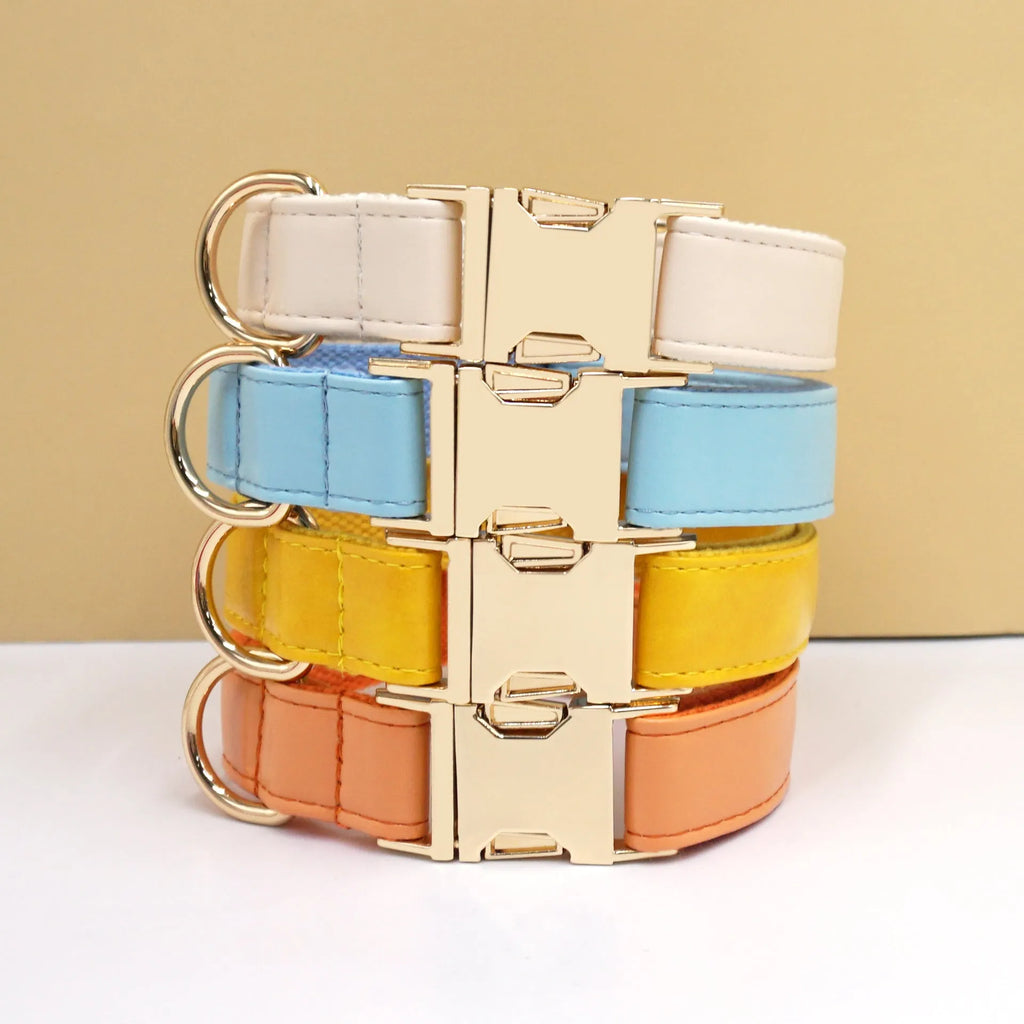 Colour-block leather dog collar with velvet trim shown in caramel colour