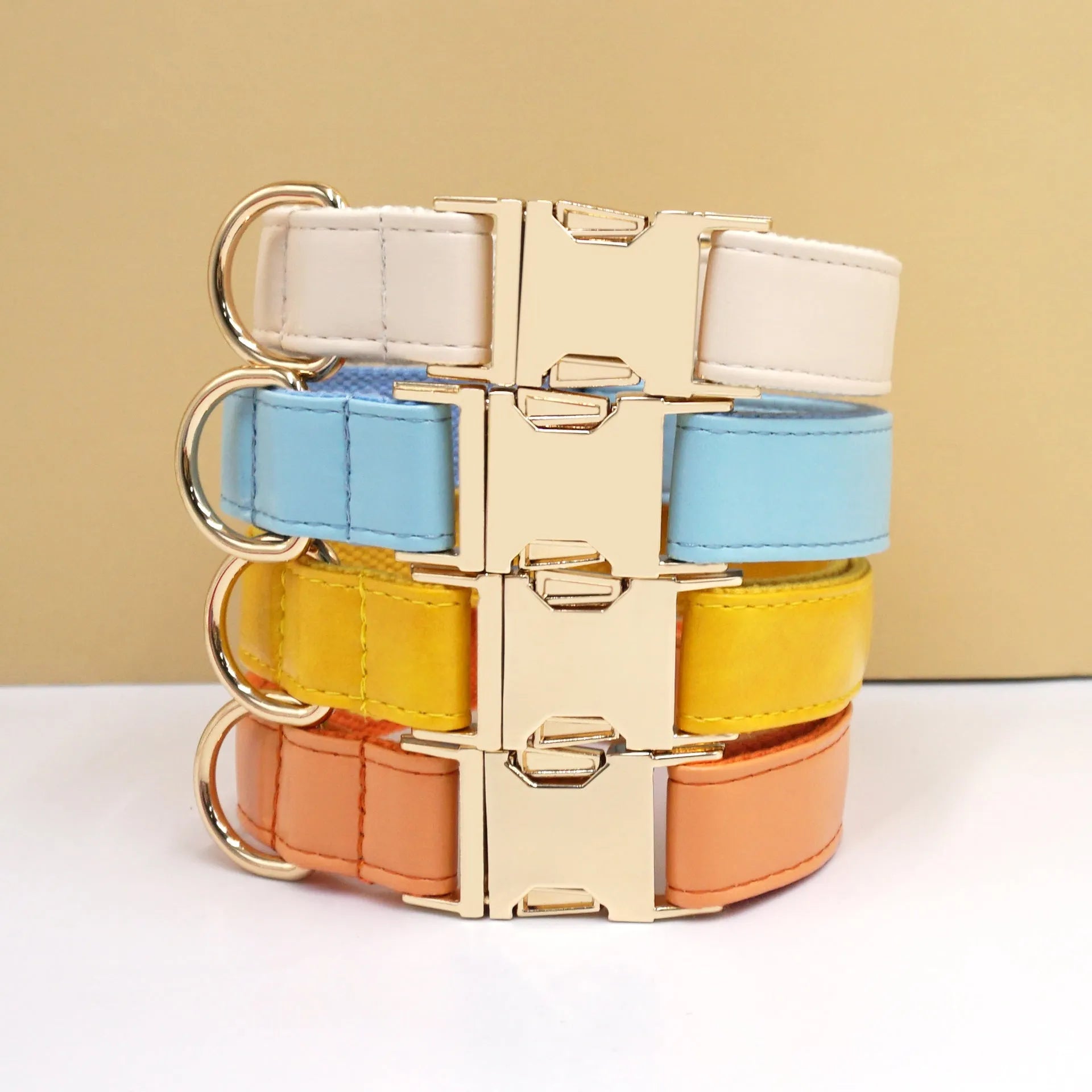 Colour-block leather dog collar with velvet trim shown in caramel colour