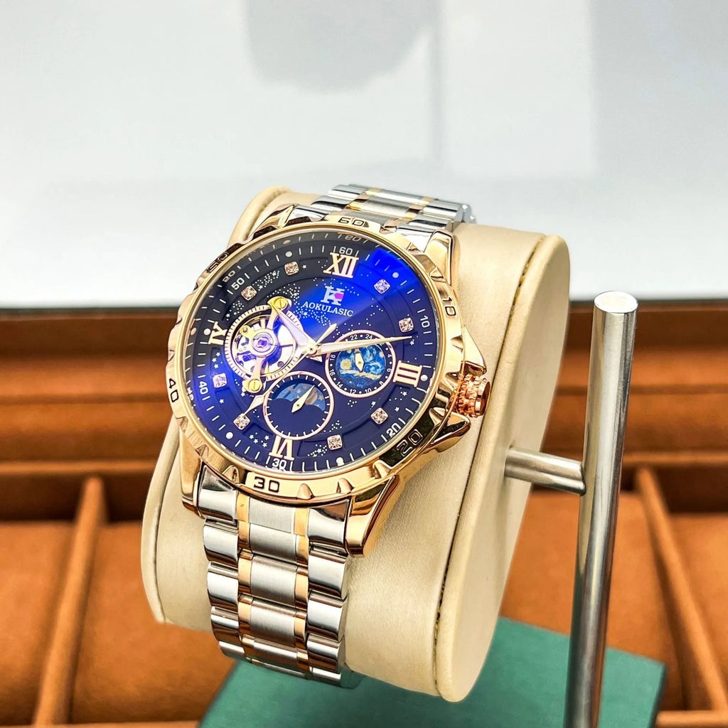 Men's rose gold and black automatic mechanical watch with large dial on wrist