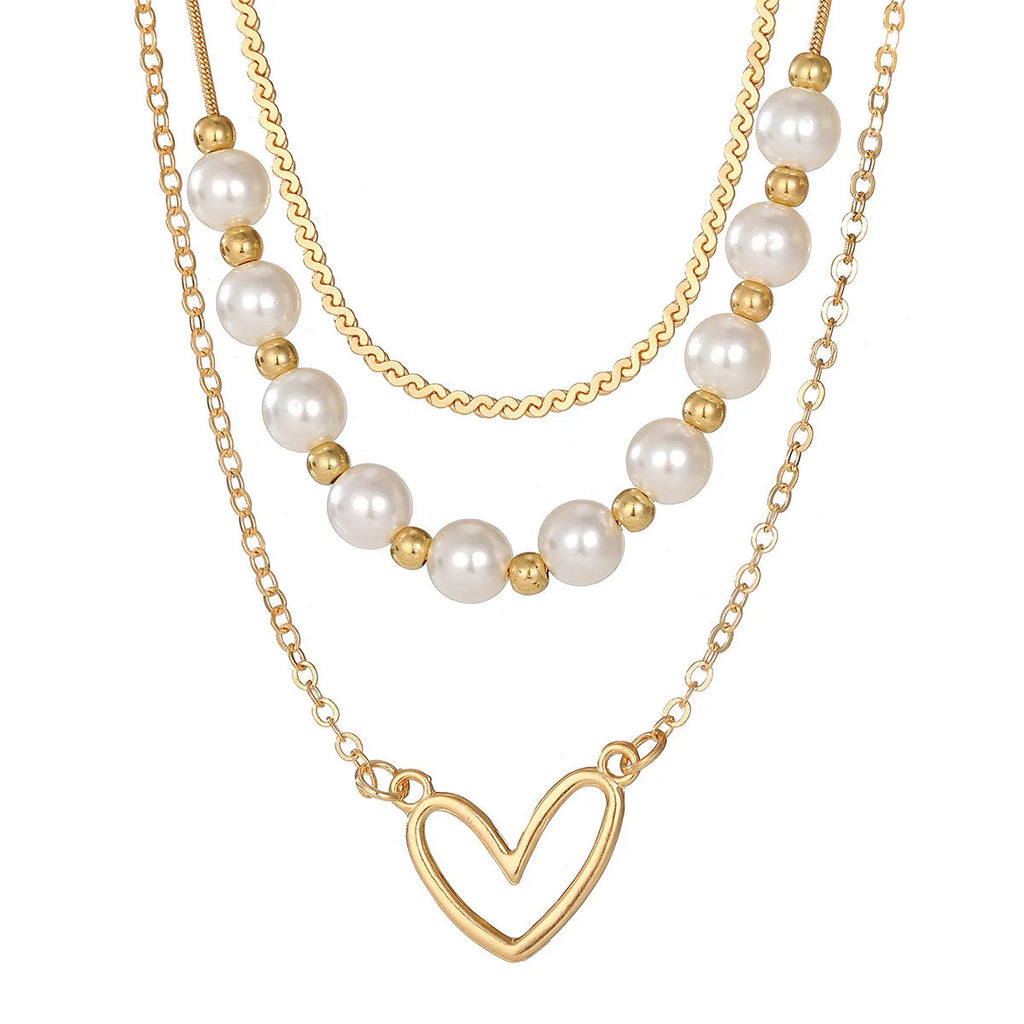 Vintage gold heart pendant necklace with pearl chain, adjustable 41-50cm length