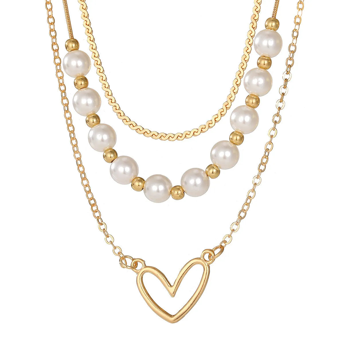 Vintage gold heart pendant necklace with pearl chain, adjustable 41-50cm length