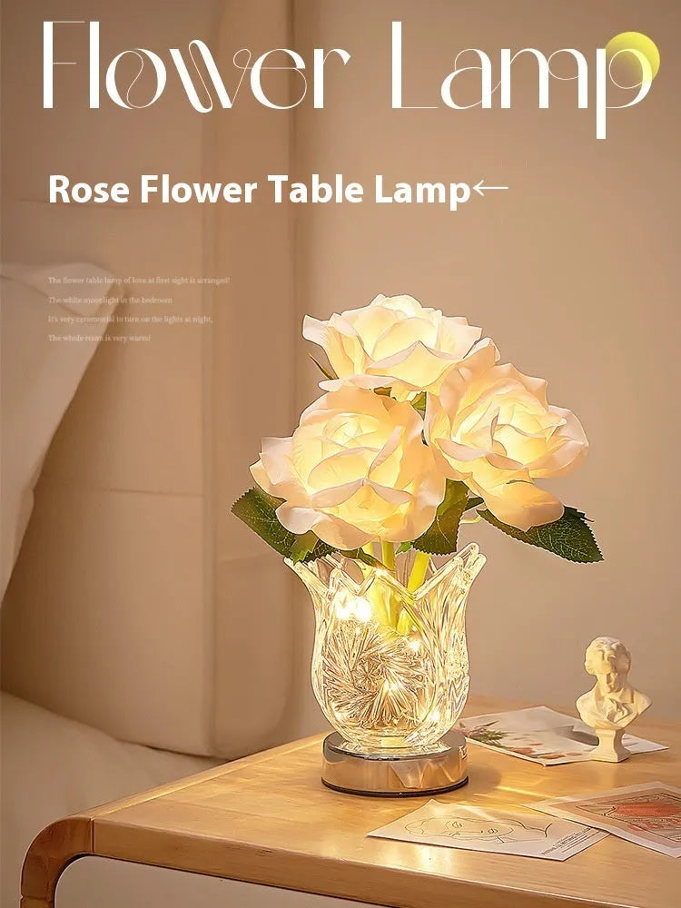 Crystal flowers table lamp with touch control dimming on bedside table