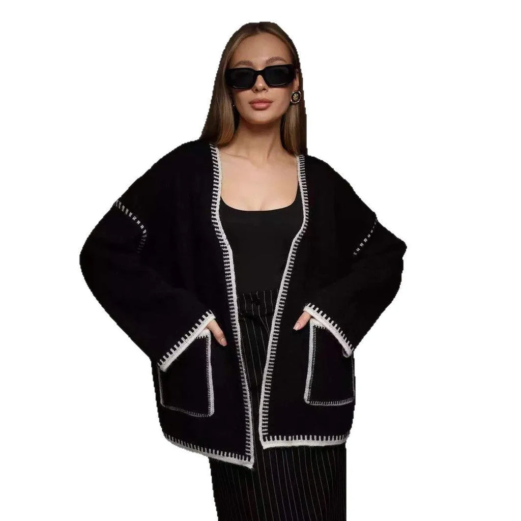 Loose mid-length knitted cardigan in imitation cashmere cotton fabric shown in black colour