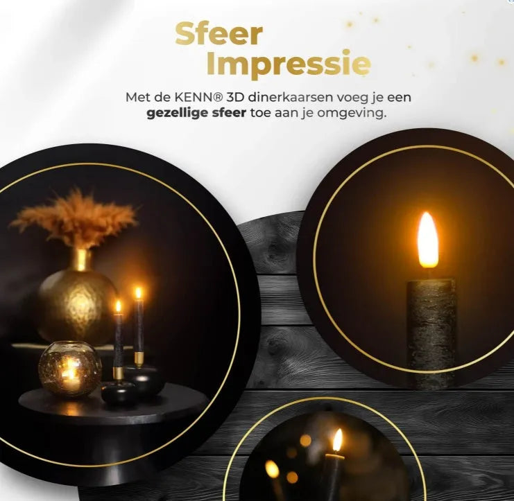 Black LED taper candle with realistic 3D flame effect, measuring 18cm tall