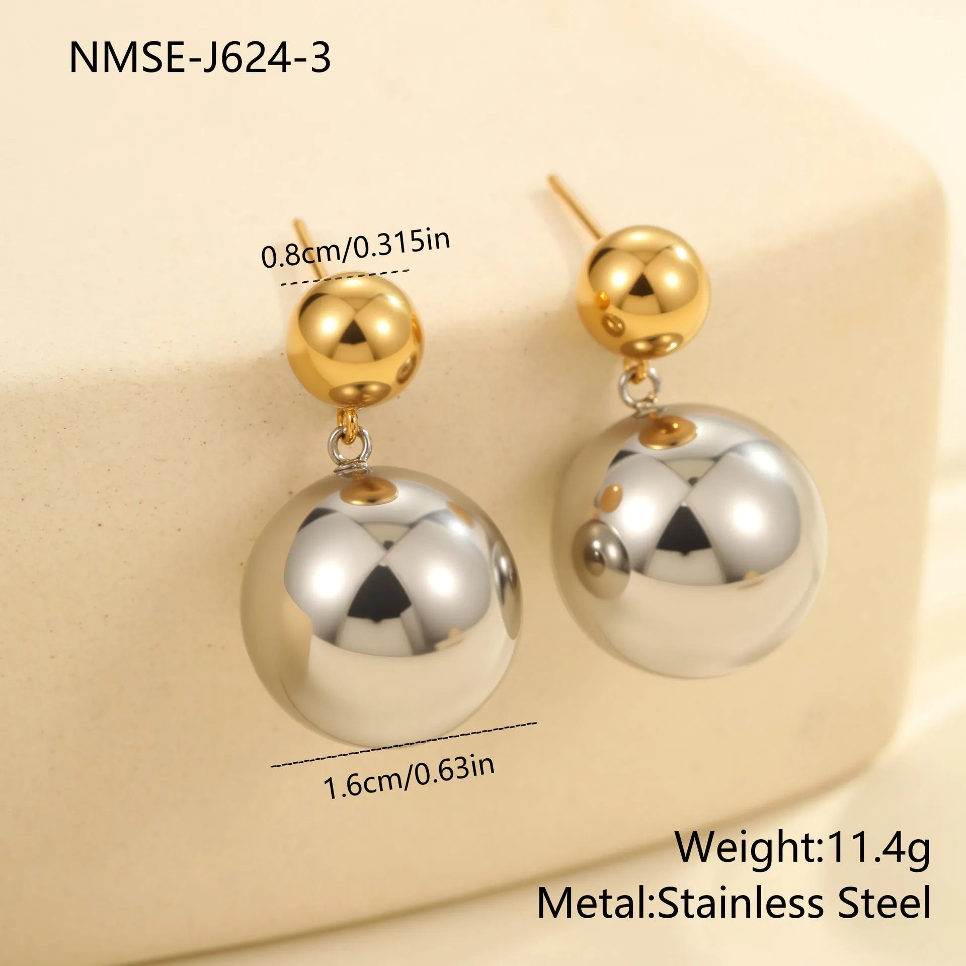 Women's stainless steel 18K gold electroplated round bead geometry ear studs