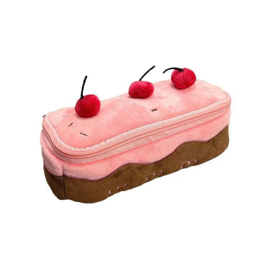 Korean style velvet pencil bag with cherry cake plush design