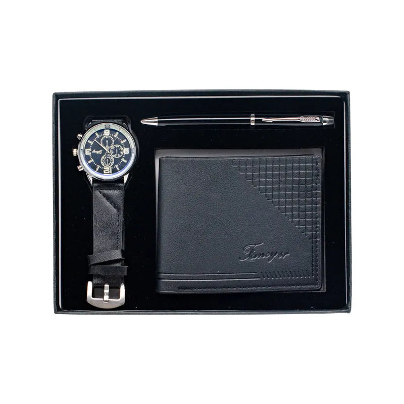 Creative holiday gift set featuring a watch, wallet, and pen in a modern simplicity style gift box.