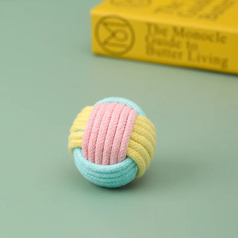 Handmade plush cotton cat hair ball toy in blue powder, green blue, or pink green colours for teeth grinding and boredom relief