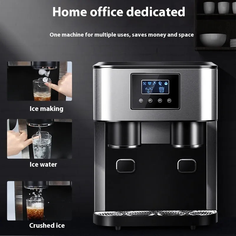 Black desktop ice maker with stainless steel ice box on a kitchen countertop.