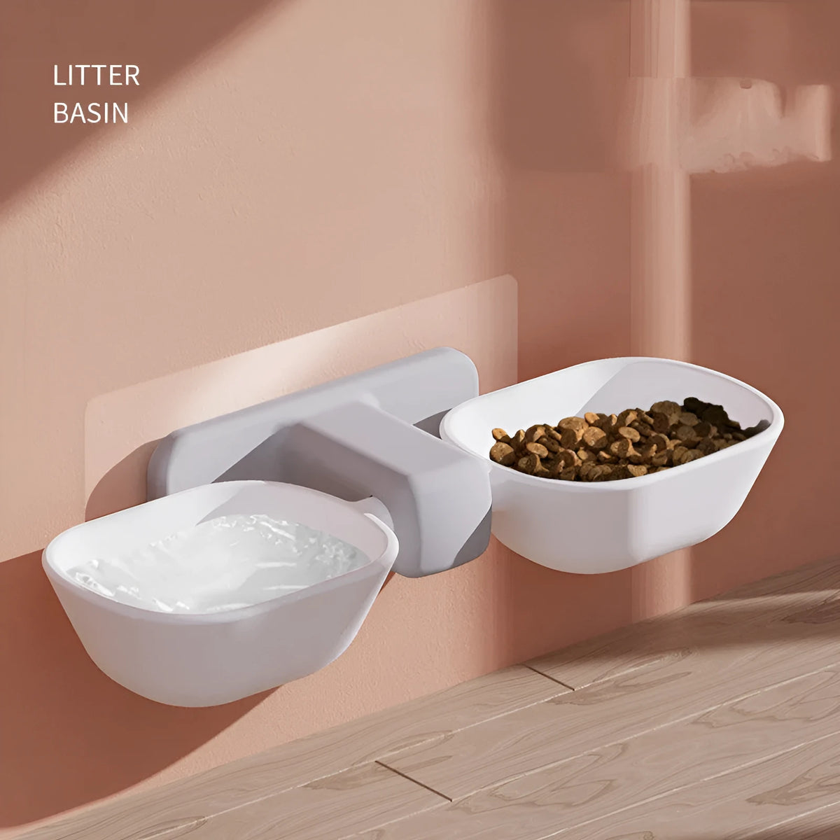 Automatic plastic pet feeder with double bowl and adjustable height, shown in white or yellow with one cat bowl
