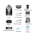 White folding quadcopter drone with camera, shown with remote control, batteries, and shoulder bag.