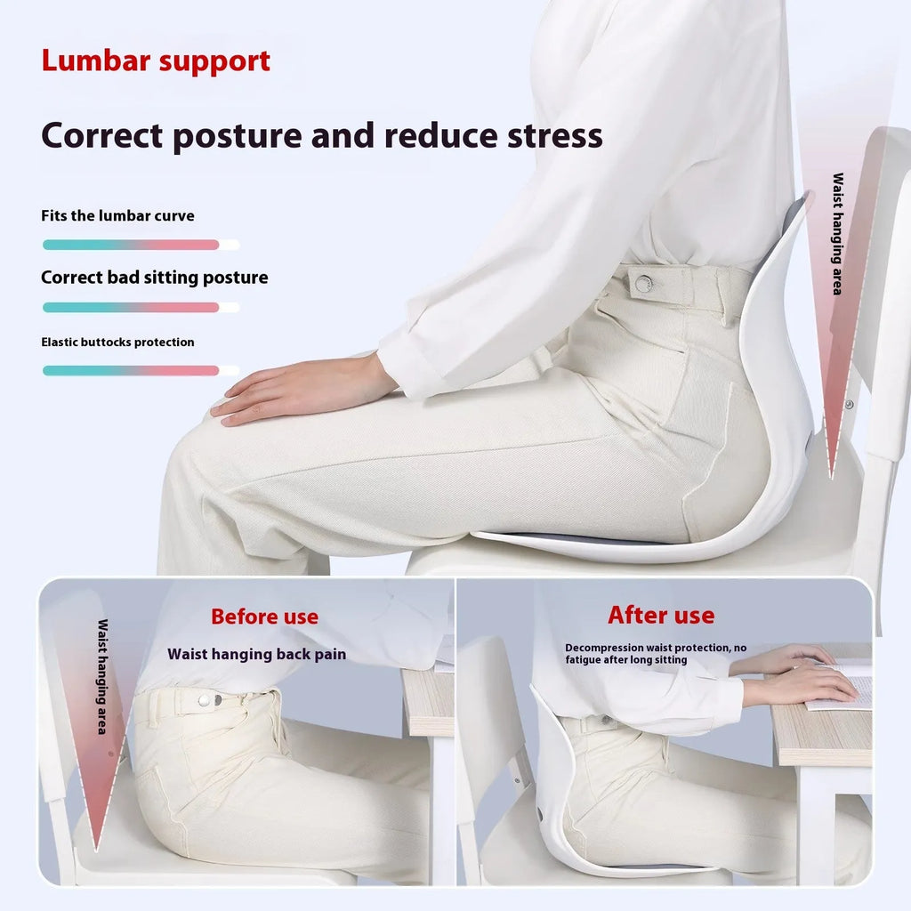 Grey lumbar support cushion with contoured shape for lower back, placed on office chair